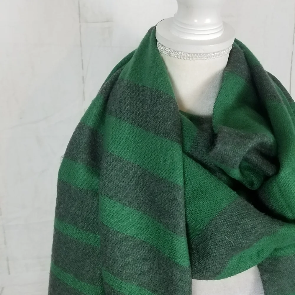 Super soft and cozy green and gray striped scarf